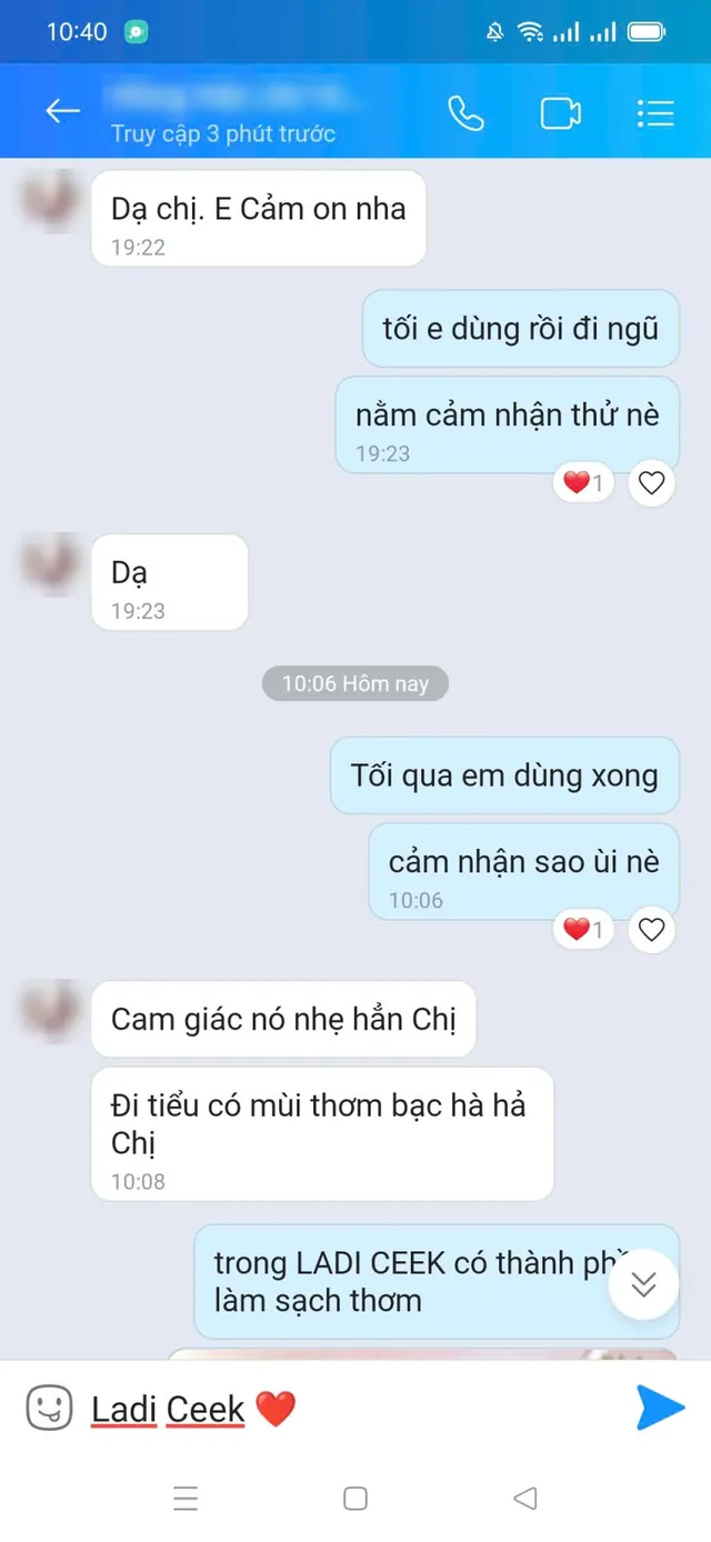 Tin nhắn Zalo: khách kể dùng xong cảm giác nhẹ hẳn, đi tiểu có mùi thơm bạc hà